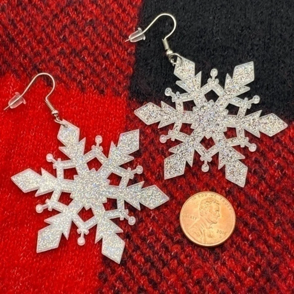 Acrylic Snowflake Glitter‎ Earrings Winter Christmas Dangle Wire Hook Earrings